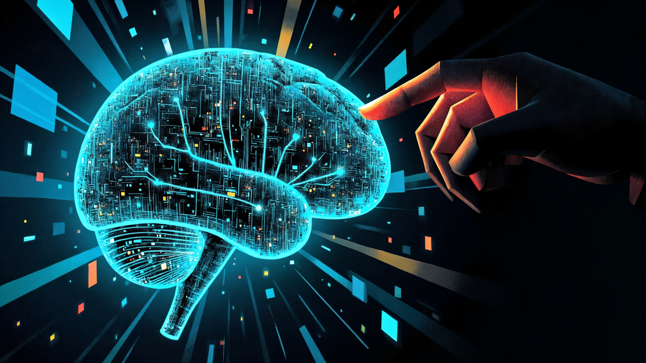 grafika Cyfrowy mózg z siecią połączeń neuronalnych dotykany przez ludzką dłoń – wizualizacja neuro-commerce i wpływu neurologii na projektowanie doświadczeń zakupowych w e-commerce.