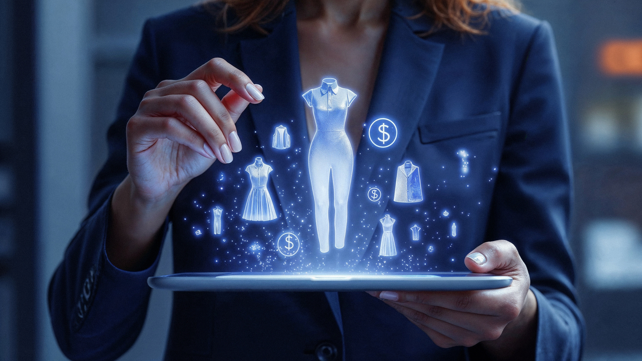 grafika kobieta z tabletem nad którym są wyświetlone ecommercowe symbole